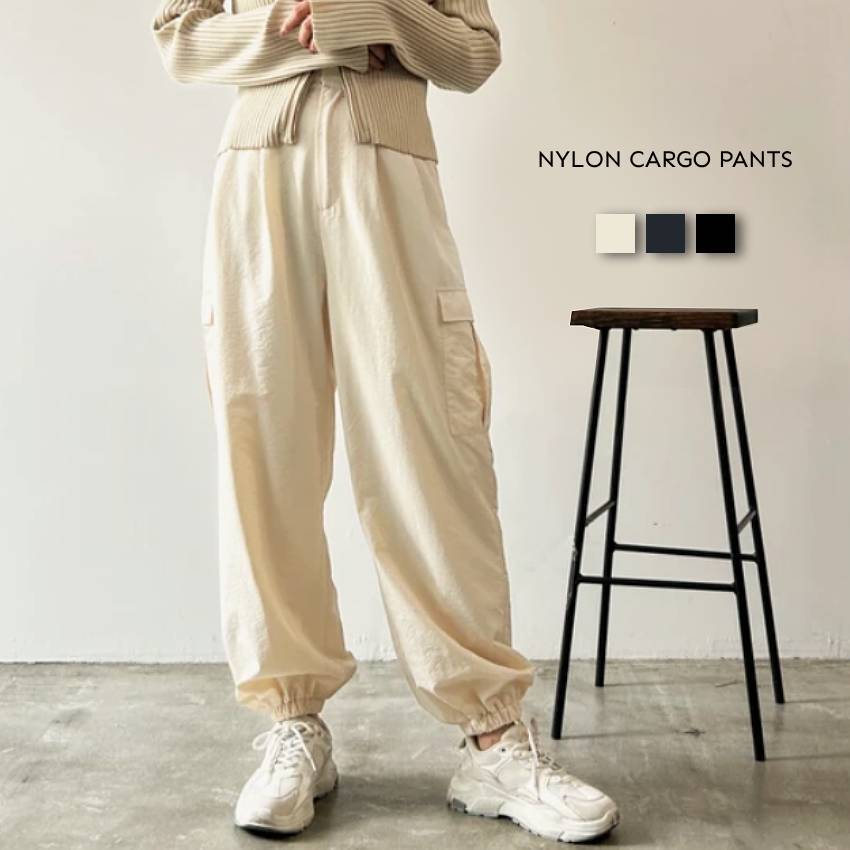 Rakuten - ボーイッシュ ゆったりシルエット ロングパンツ ナイロンカーゴパンツ メンズライク レディース 長ズボン 裾ゴム 送料無料 マニッシュ ボトムス 着回し カジュアル