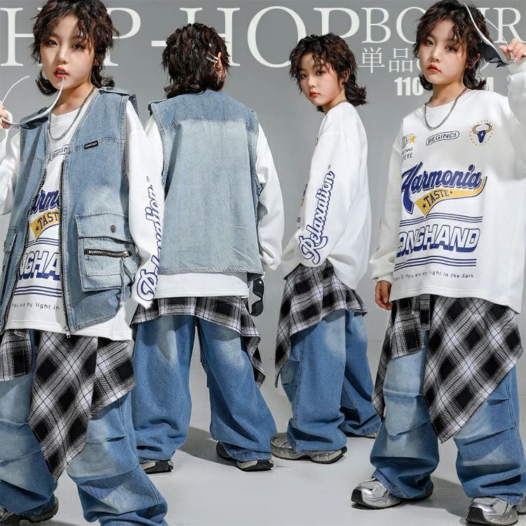 乐天商城 - 派手 ストリート系 キッズ 男の子 K-POP モード系 トップス HIPHOP 個性派 派手 舞台衣装 カーゴパンツ 発表会 デニムパンツ ダンス衣装 110-180cm ズボン 長袖 団体服 デニムセット スウェットシャツ ホワイト イベント ジュニア 練習着 ホワイト おしゃれ