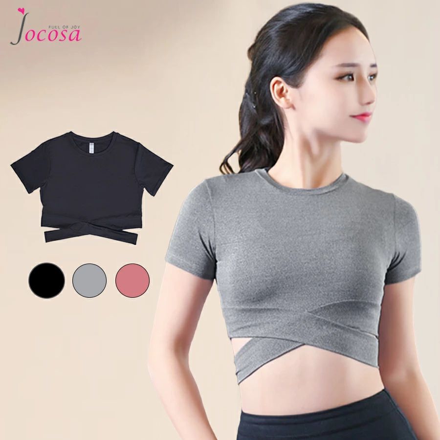 Tops - スポーツウェア 8731 韓国風 ヨガウェア S ウエストクロス フィットネス ショート丈 ピラティス JOCOSA L トップス XL ピンク ブラック Tシャツ ジム M レディース グレー へそ出し ヨガ 即納 半袖 タイト