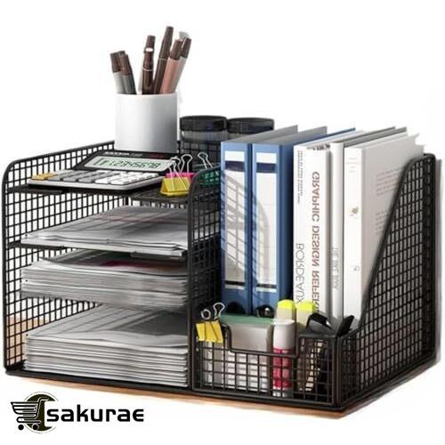 ペン 新聞/雑誌/A4ファイル/フォルダ/書類/小物入れ 書類棚 ファイルボックス レタートレー 引き出し付き 4仕切りペン立て付き 金属製 メッシュ 卓上収納ラック