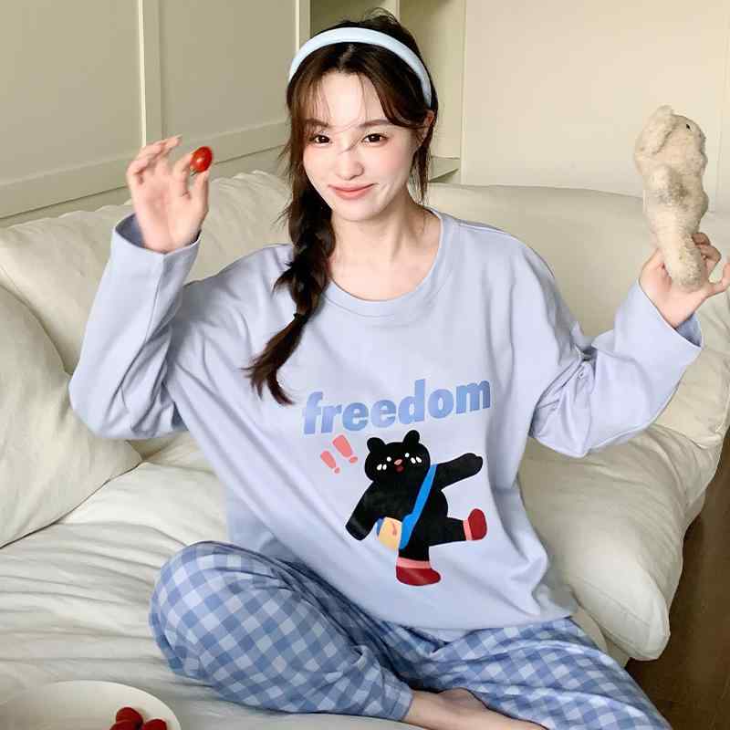 Rakuten - セット 長袖 かわいい としても おしゃれ 外出着 普段使い 部屋着 快適 春秋 長ズボン 素材 伸縮性 ニット 軽量 韓国 キャラクター レディース コットン パジャマ 柄