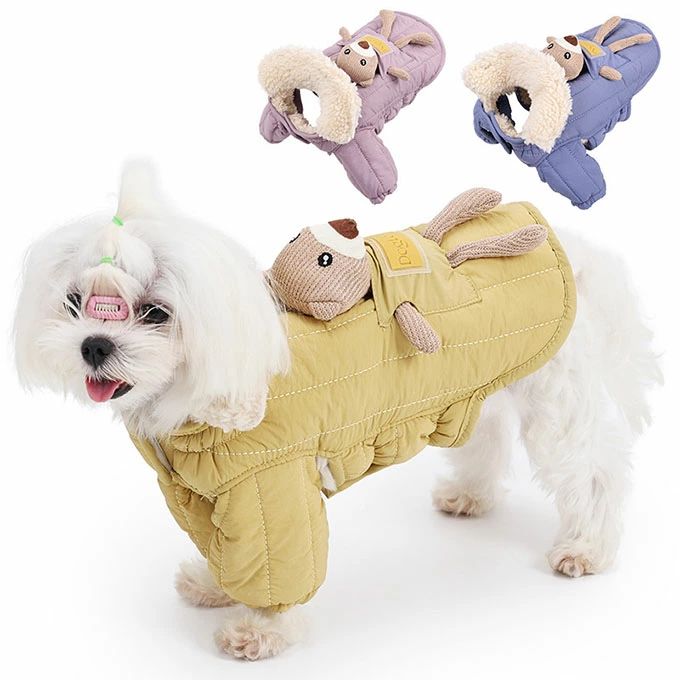 着せやすく 防寒 ペット服 中綿 可愛い マジックテープで着脱 犬用 犬服 厚手 おしゃれ コート 中綿 小型犬/中型犬 ジャケット かわいい クマのおもちゃ付き 犬のコート 犬用ジャケット 保温 秋冬服