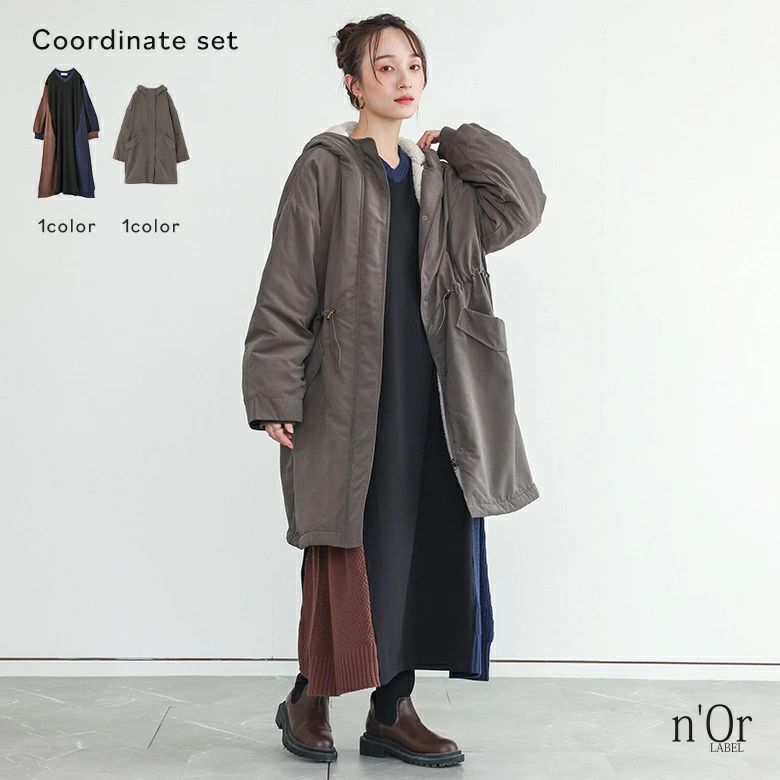 Vネック 裏ボア ロング丈 長袖 【メール便不可】【999】 2点コーデセット ワンピース カットソー オシャレウォーカー 裏シャギー 秋 アウター モッズコート ニット 2025 冬 撥水 あったか レディース 軽量