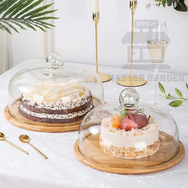 宴会テーブル ブレッドケース クッキー収納バスケット ケーキカバー 竹製トレイ付き ケーキ スナック 蓋付き 結婚式 誕生日 果物 ケーキドーム デザート ガラスドーム ビュッフェ用 パーティー 透明ガラス お菓子 ケーキスタンド