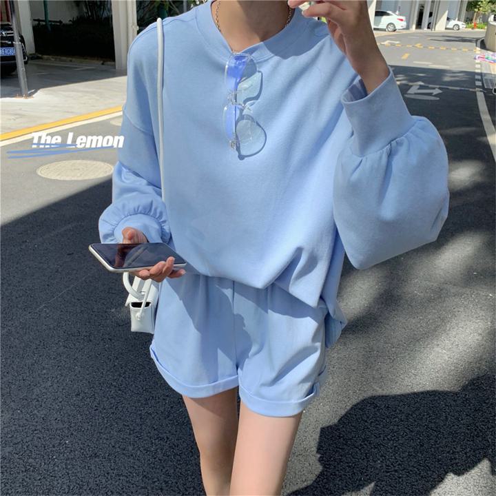 韓国 スエット 4カラー 長袖Tシャツ＋ショーツパンツ 上下セット popカラー レディース ツーピース ファッション a4087 スポーティー 2点セット パステル