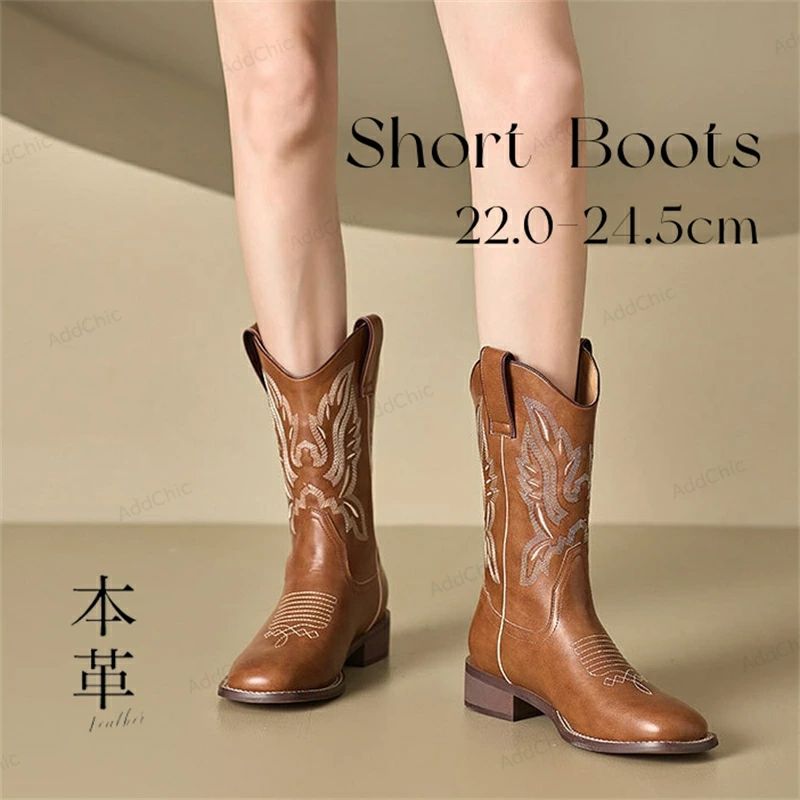 Western - 刺繍入り レトロ 秋冬 ウエスタンブーツ 秋冬 通学 歩きやすい 太めヒール ウエスタン ロング 靴 4cm ブラウン 通勤 送料無料 革 Heel ブーツ 22.5cm-25.0cm 本革 牛革 カウボーイファッション ブーツ レディース 痛くない