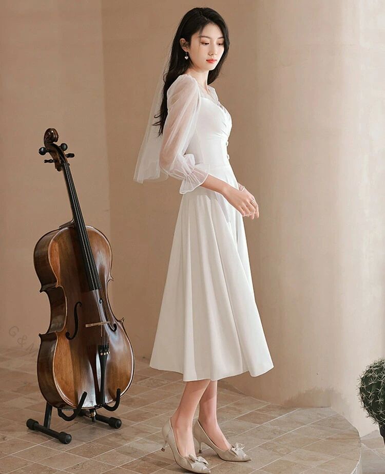 前撮り 長袖 レース 演奏会 サイズ展開 ハイウエスト 透け感 森ガール 花嫁ドレス ファスナー 発表会 チュール ワンピース ミモレ丈 二次会 ロケーションフォト 結婚式 ウエディングドレス スレンダーライン 海外挙式 スクエアネック