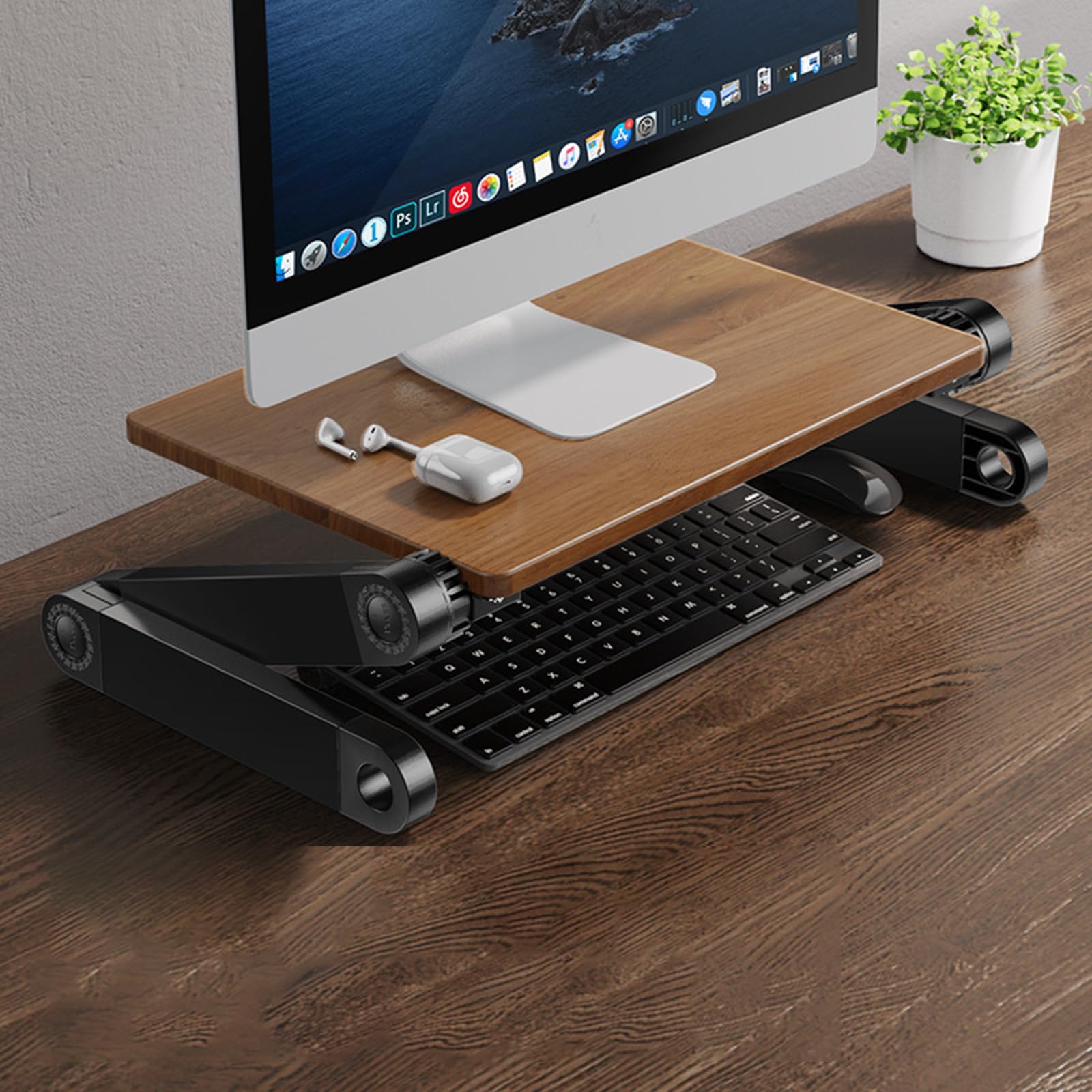 木製 ノートパソコン/プリンター/iMac/タブレットパソコンに適用 台 ディスプレイ 台 パソコン 放熱穴設計 滑り止めゴム 高さ調節 pcモニター スタンド モニター台 卓上收 折りたたみ可能 モニタースタンド ノートパソコン台木色 幅3段階可変 机上台