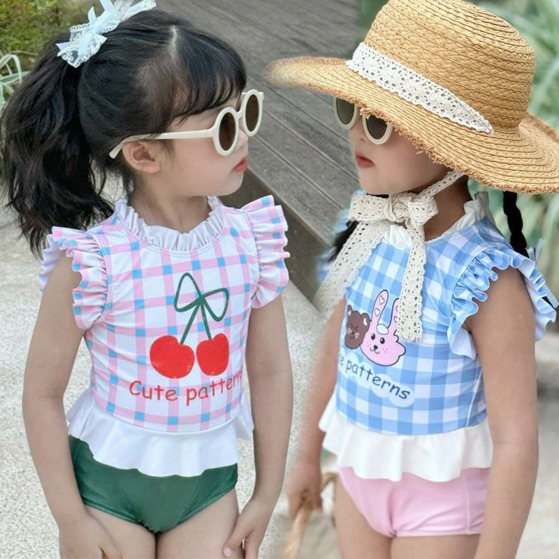 Rakuten - 紫外線対策 送料無料 水着 子供用 チェック柄 スイミング みずぎ ワンピース 日焼け 女の子 楽天海外通販 UVカット かわいい 80/90/100/110/120/130/cm こども ベビー水着 子ども ジュニア オールインワン 子供水着