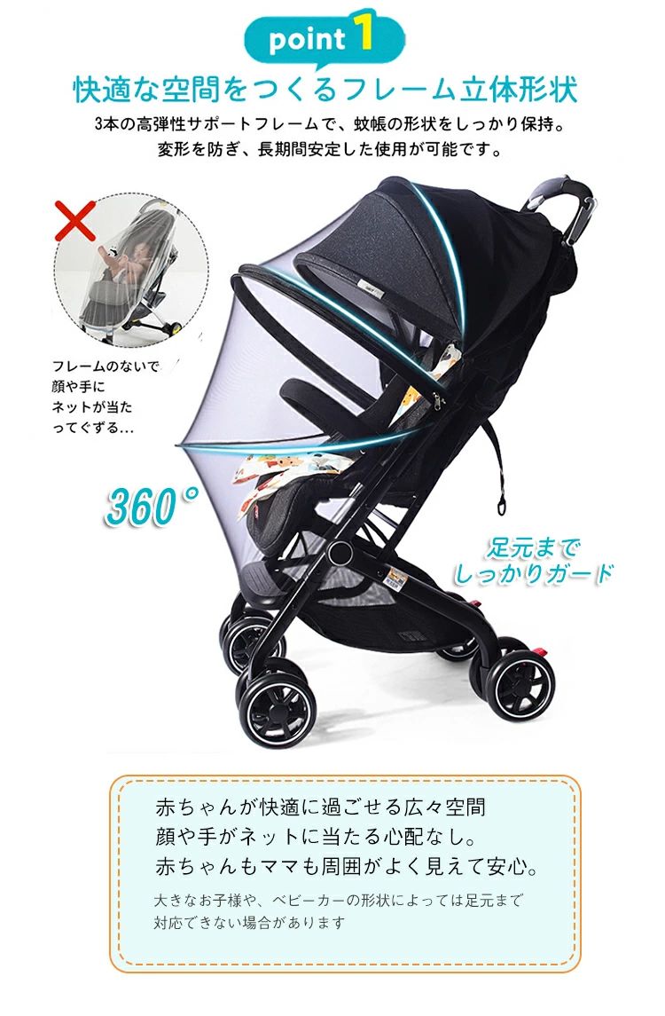 livemartのベビーカー 日よけ 日除け 高密度メッシュ モスキートネット 虫除け UVカットカバー 蚊帳 折りたたみ 伸縮タイプ サンシェード 収納袋 ファスナ 虫よけ 日よけカバ カバー 虫除けネット 風よけ 防虫ネット ベビーカー 通気 蚊帳 簡単収納｜アングル3