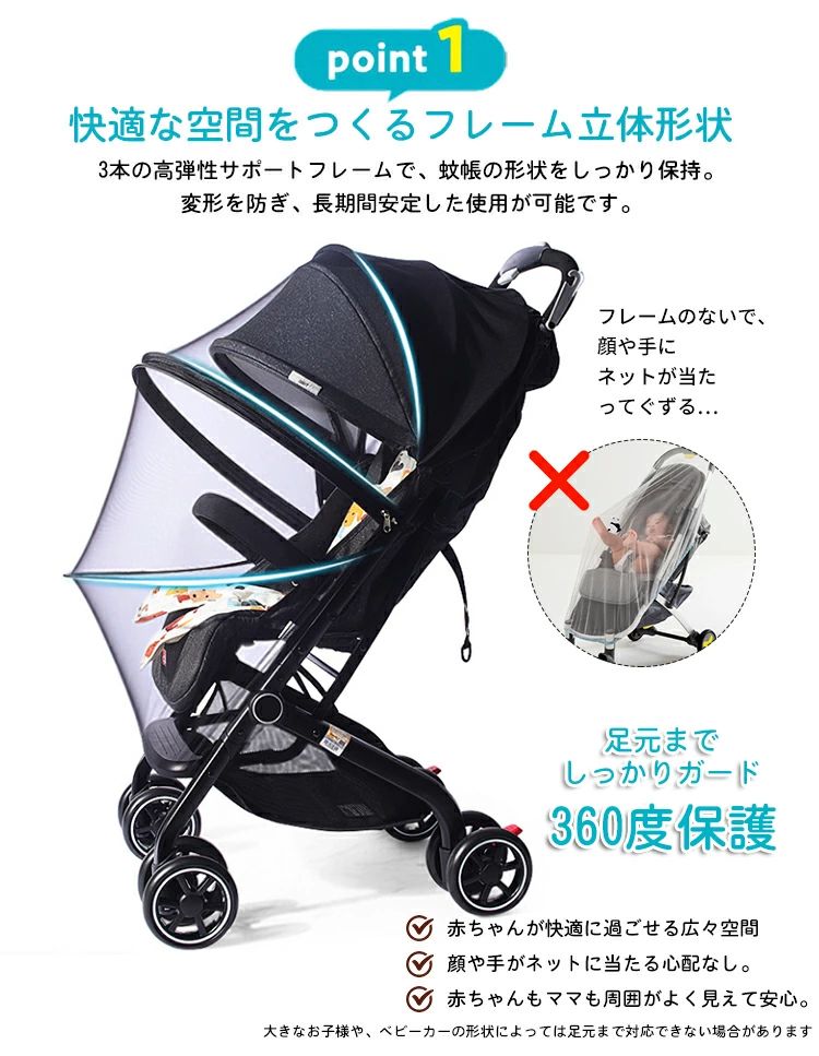livemartのサンシェード ファスナー 蚊対策 虫よけ 日除け 赤ちゃん 出かけ 部分ベビーカー ムカデ対策 簡単装着 虫除け 収納袋 蚊帳 通気性メッシュ 防虫カバー ベビー蚊帳 モスキートネット 幼児 ベビーカー 日よけ 虫除けネット 折りたたみ｜アングル3