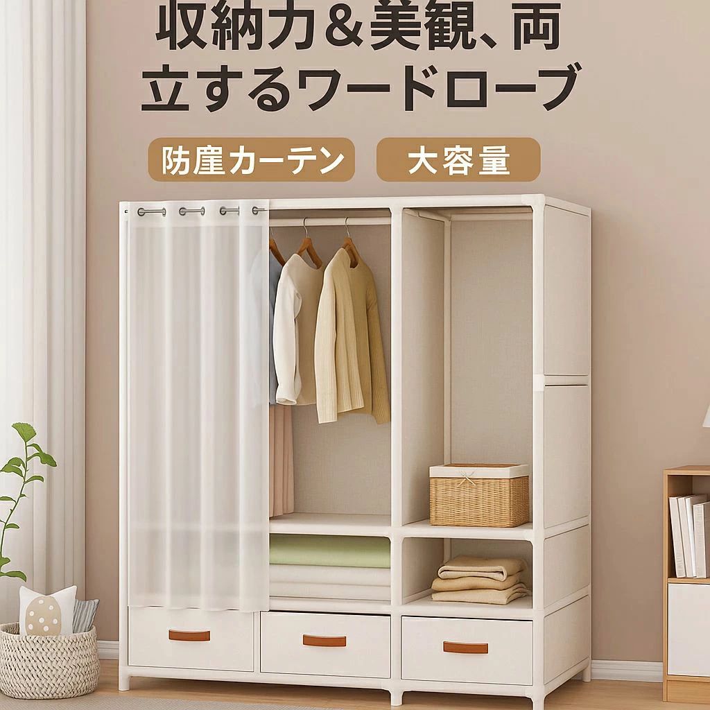 カバー付き 組み立て簡単 家具 布製 北欧風 衣装ケース 二人暮らし 省スペース インテリア収納 大容量 チェスト クローゼット ワードローブ 収納ラック スリム 衣類収納 おしゃれ 洋服収納 一人暮らし 整理整頓 軽量 折りたたみ ハンガーラック 引き出し付き 収納