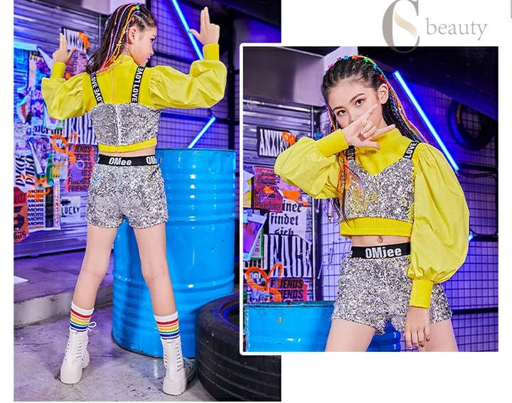 livemartのキッズダンス衣装 子供服 派手 シルバー 女の子 演出服 ダンス 上下 銀 レッスン着 スパンコール 衣装 衣装 ステージ衣装 キラキラ 長ズボン ヘソ出し ショートパンツ セットアップヒップホップ パンツ ジャズダンス イエロー 韓国風 ガールズ パンツ チアガール｜アングル3