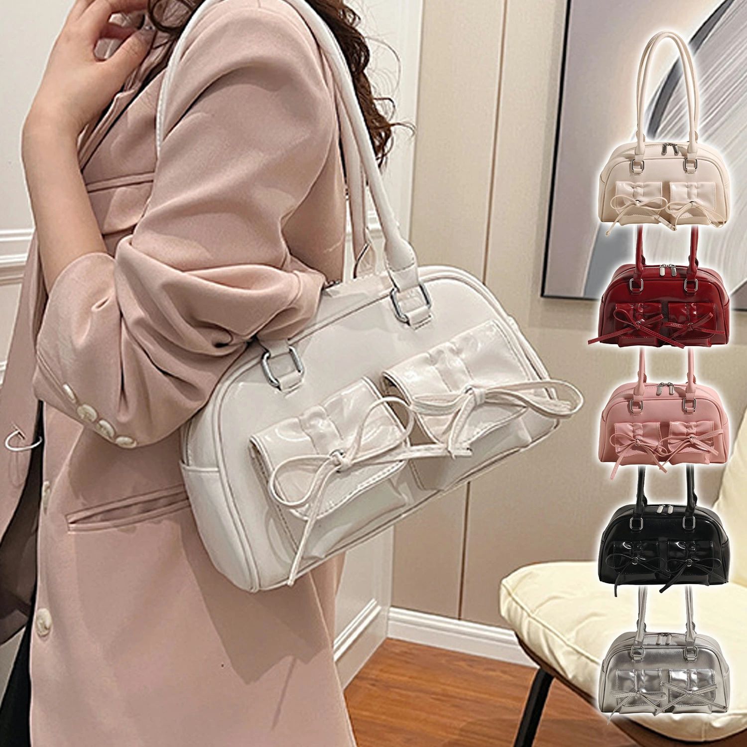 Boston Bags - ミニボストン バッグ エナメル プレゼント ショルダー ギフト レディースバッグ リボン付き 女性 ツインポケット＆光沢フェイクレザー 肩掛け 贈り物