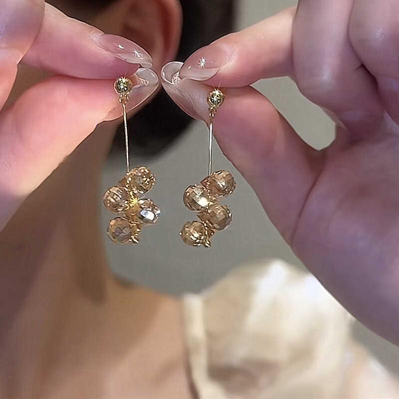 Other , Materials - 水晶 タッセル レディース フリンジ ブラウン シルバー 軽やか アクセサリー ボール イヤリング ロング 高級感 エレガント 靈動 揺れ 細見え
