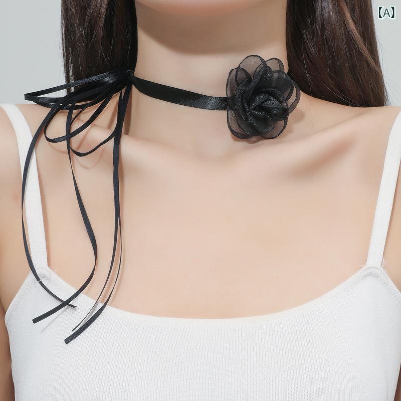 Garnet - タイバンド カメリア ブラック レース 装飾品 レトロ ネックレス ユニーク チョーカー 高級感 女性用 ジュエリー 鎖骨チェーン ファッション アクセサリー