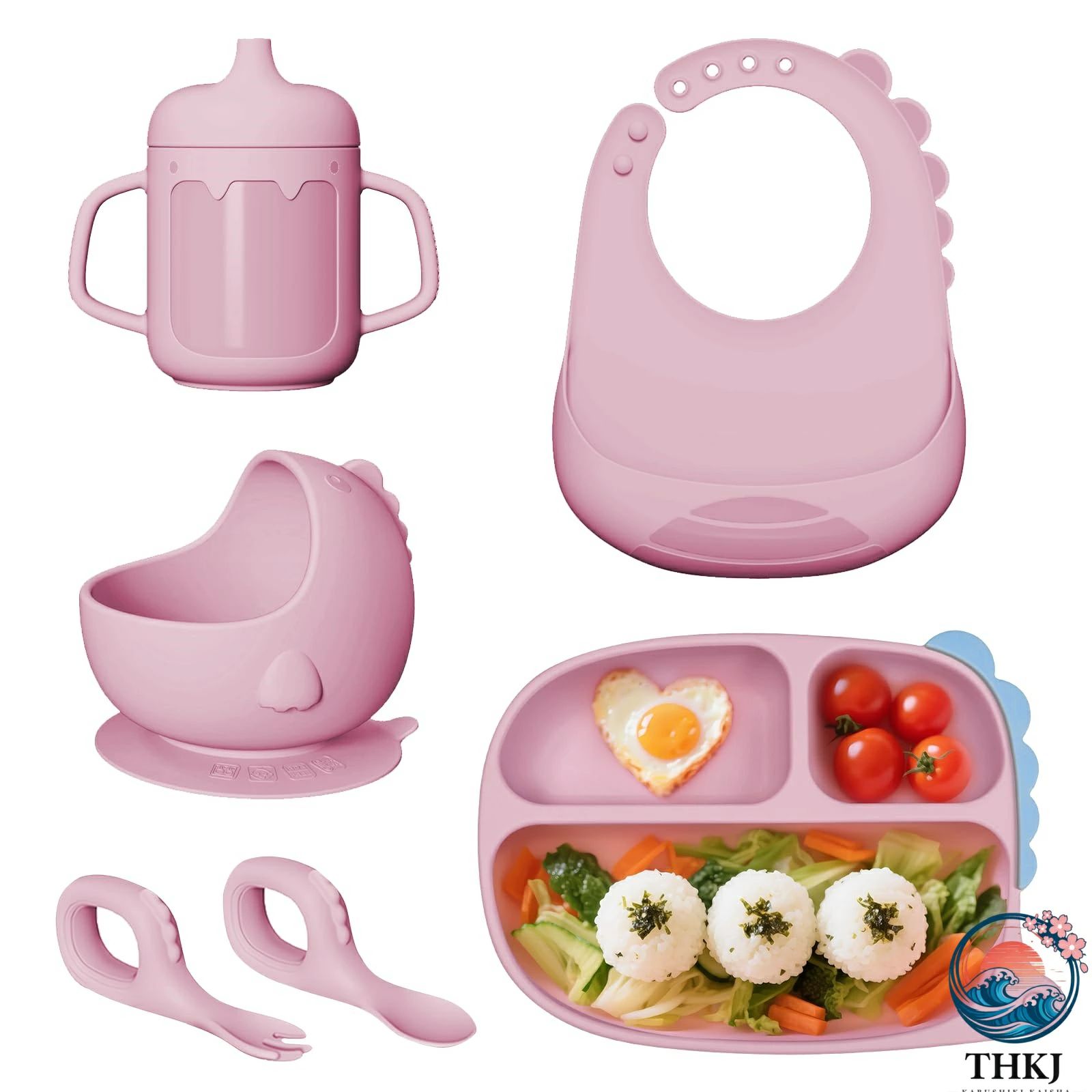 食器 赤ちゃん 男の子 プレート 恐竜淡いピンク マグ ベビー食器ひっくり返らない離乳食 シリコーンスプーンット 6点子供用食器 吸盤離乳食セット食洗機対応トレーニングカトラリ出産祝い女の子 赤ちゃん ボウル
