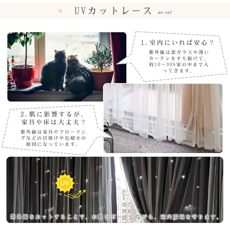 プリンセス 一体型カーテン 透かし 星 リビング 彫り透かし レースセット エレガン...