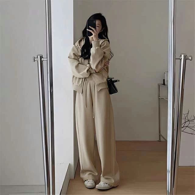 ロング スウェット 着痩せ パンツ 上下セット 体型カバー 部屋着 レディース ゆったり スポーツウェア ジャージ ハイウエスト 秋 春 パーカー 長袖ジャケット スポーツウェア ジップアップ 通勤 3