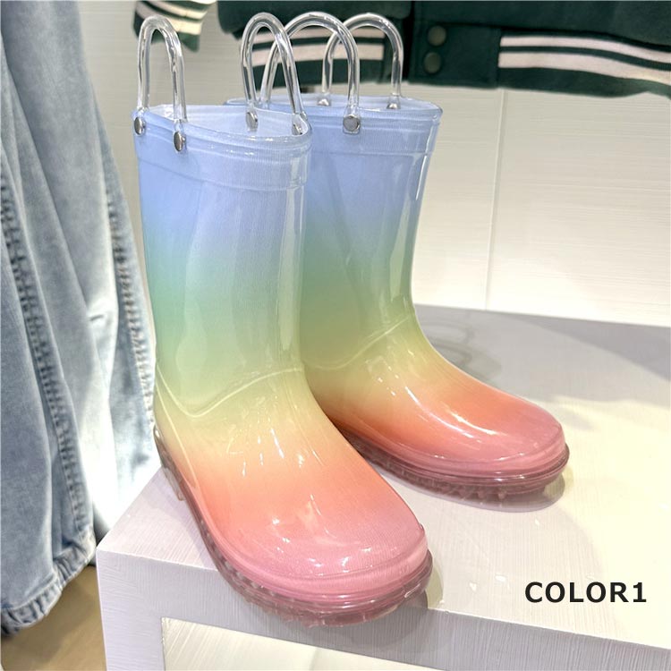 女の子 滑り止め 梅雨対策 虹色 歩きやすい 子供用レインシューズ ゴム レインボー...