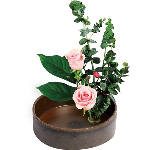 YUYAKESHI花器華道生け花用水盤花瓶陶器挿花フラワーベースフラワーアレンジメント和室卓上プレート小原流剣山付(茶色20CM)