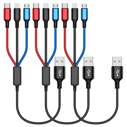 ショートマルチ充電ケーブル (3本パック 1フィート) マルチ充電ケーブル 編組 3イン1充電ケーブル マルチ充電器 すべてのデバイス用 USBから複数のコネクター IP/タイプC/マイクロポート付き 携帯電話&タブレット用