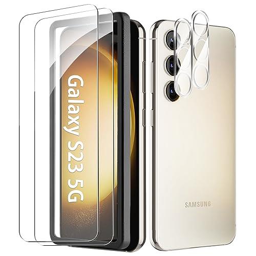 【指紋認証対応 · 2+2 セット】 Galaxy S23 5G ガラスフィルム（2枚入り）＋カメラフィルム（2枚入り）【ガイド枠付き】Kakuki Galaxy S23 SC-51D SCG19 レンズ保護フィルム 全面保護フィルム 硬度9H 高透過率 飛散防止 強化ガラス 耐衝撃 液晶保護フィルム 指紋防止 気泡