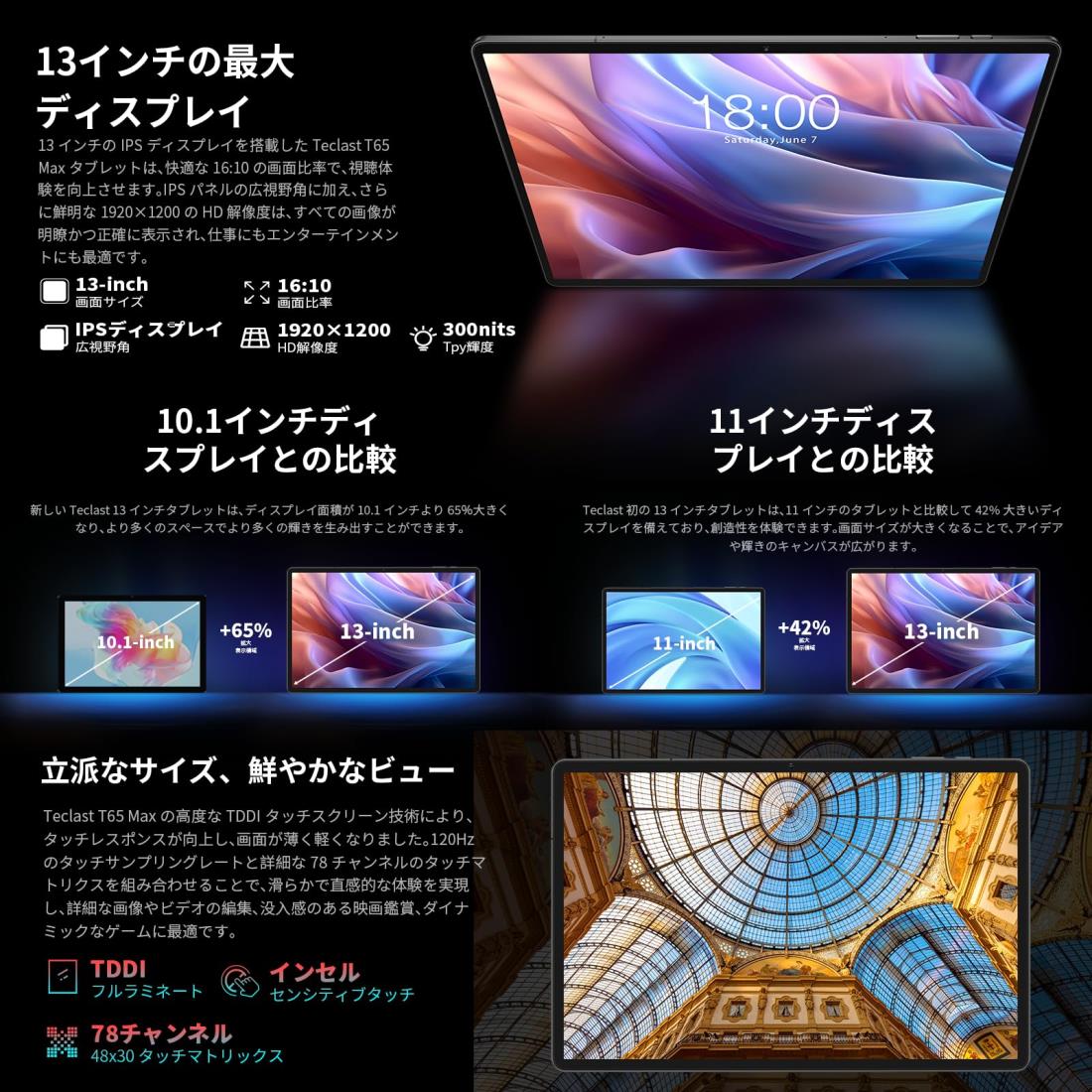 2024初登場 Android14 タブレット 13インチ TECLAST T65 Max Helio G99 タブレット Widevine L1対応、20GB+256GB+1TB拡張、1000mAh+PD 18W充電、4G通話対応タブレットSIMフリー、8コアCPU 2.2Ghz、1920x1200 FHD画面、BT5.2+5G WiFi+GPS+顔認識+GMS+OTG、ゲーミングタブ