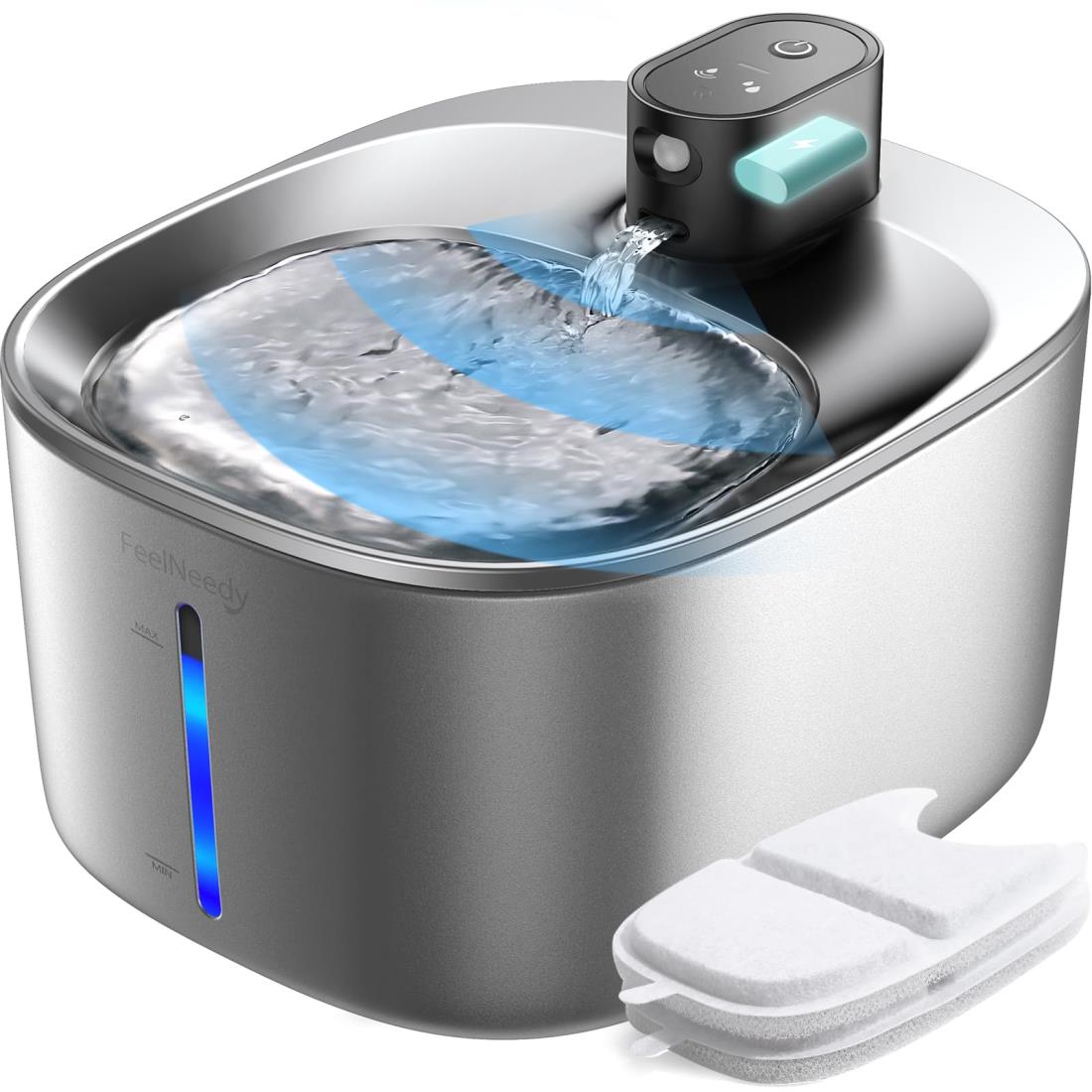 FEELNEEDY 猫 水飲み器 コードレス 充電式 4L 活性炭フィルター2枚付 ステンレス製 大容量 スマートペット用循環式自動給水器 センサー 動作検知 3つの給水モード 5重濾過 ワイヤレスポンプ 犬 猫 給水器 静音 水不足注意LEDライト付き 2WAY給電 お留守番対応 YPD-C004S (ス