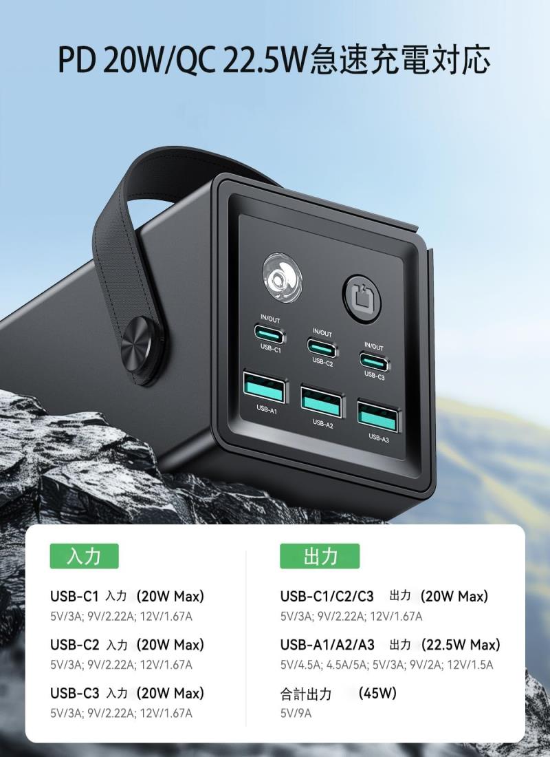 Rocorenモバイルバッテリー大容量 (50000mAh・67.5W出力) 6ポート 3 USB-C＋3 USB-A 入出力PD3.0 22.5 W急速充電対応 ハンドル付 LED/SOSライト搭載 縦置型コンパクト アウトドア/防災iPhone16/15スマホ/iPadなど対応 PSE技術基準適合