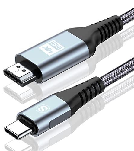 AviBrex HDMI Type-C 変換ケーブル 2M, 4K USB C HDMI Thunderbolt3対応 ナイロン編み 映像出力 携帯画面をテレビに映す iPhone15 Pro Max,MacBook Pro/iPad Pro/iMac/XPS 15 / Surface Book/Galaxy S24 S23 S22 S21 等対応-灰