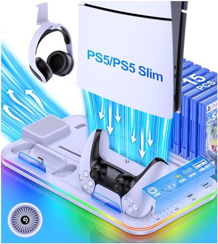 「2023年新登場」PS5 Slim スタンド PS5 Silm/PS5 縦置き スタンド PS5/PS5 Silm コントローラー 充電スタンド 2台同時充電 新型ps5 3段階冷却 PS5ディスク-デジタル兼用 冷却ファン 充電指示ランプ付 収納 多機能 ネジ付 USBケーブル付 RGBライト ホワイト