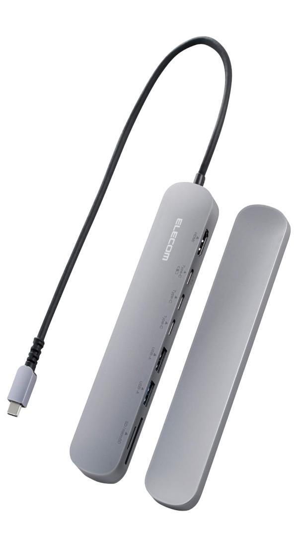 エレコム USB Type-C ハブ ドッキングステーション 8-in-1 固定用スタンド付 PD対応 100W USB3.1 Gen1×2ポート HDMI×1ポート USB-C×3 SD+microSDスロット シルバー DST-C23SV/EC