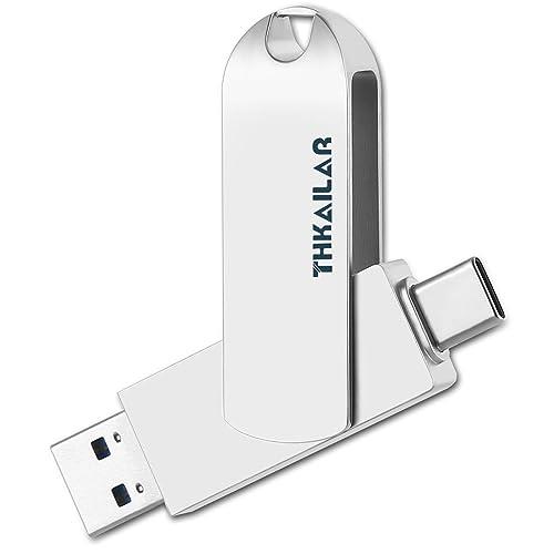 THKAILAR 128GB USBメモリタイプC フラッシュメモリ USB 3.0 高速転送 最大読み取り速度120MB/s 360°回転 亜鉛合金 2in1 Type Cメモリースティック スマホ PC ノートパソコンタブレットなど対応【128GB，Silver】