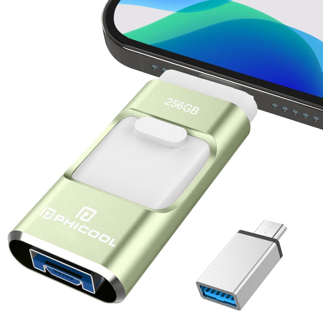 【2024年登場 専用アプリ不要】4in1 iPhone対応 USBメモリ 256GB 高速 バックアップ iPad対応 usbメモリー スライド式 iOS/Type-C/USB/Micro USB搭載 大容量 スマホ 写真データ保存 外付けUSB Phone/PC/Macbook/iPad対応 容量不足解消 緑 Phone 15/14 Pro/13/12 /XR/iPad Ai