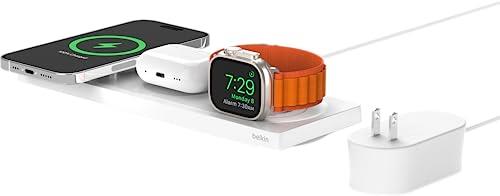 Belkin 3 in 1 MagSafe充電器 最大15W高速充電 ワイヤレス充電器 MagSafe認証 iPhone 15 / 14 / 13 / 12 AppleWatch 8/7/Ultra 高速充電対応 AirPodsワイヤレス充電対応 ホワイト WIZ016dqWH