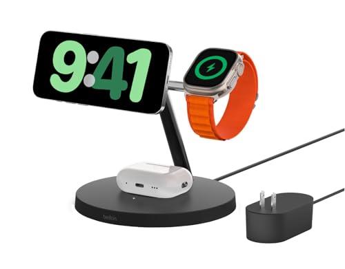 Belkin 3 in 1 MagSafeŴ 15W® 磻쥹Ŵ MagSafeǧ iPhone 15 / 14 / 13 / 12 AppleWatch 8/7/Ultra ®б AirPods磻쥹б ֥å WIZ017dqBK