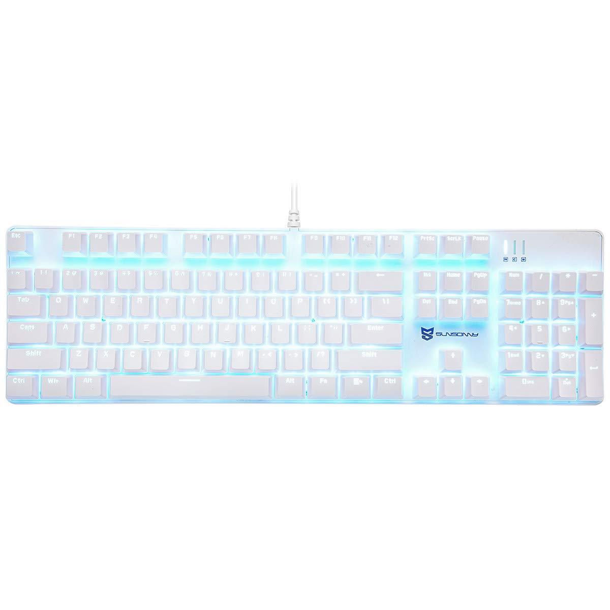 Merdia メカニカル式ゲーミングキーボード 全104キーボード US配列 USB有線キーボード LEDバックライト付き (茶軸-ホワイト)