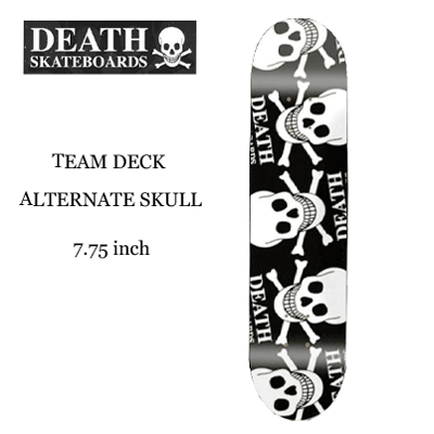 DEATH SKATEBOARD 商品説明 アイテム名 TEAM DECK ALTERNATE SKULL サイズ 7.75インチ ※1インチ：約2.54cm 特典 デッキテープ付き 注意 画面上と実物では多少色具合が異なって見える場合もございます。ご了承ください。 ※この商品は当店実店舗でも販売しております。在庫数の更新は随時行っておりますが、お買い上げいただいた商品が、品切れになってしまうこともございます。 その場合、お客様には必ず連絡をいたしますが、万が一入荷予定がない場合は、 キャンセルさせていただく場合もございますことをあらかじめご了承ください。【DEATH SKATEBOARD デススケートボード】TEAM DECK ALTERNATE SKULL ☆UK初のハードコアブランドDEATH SKATEBOARD。カナディアンメープル使用の強度・反発性が抜群のデッキです。 キック、コンケーブともレギュラーで扱いやすいモデル。ストリート、パーク、ランプなどオールラウンドに対応します。 中学生～女性向けの7.75インチサイズ。 デッキテープ無料サービスにてお届けいたします。