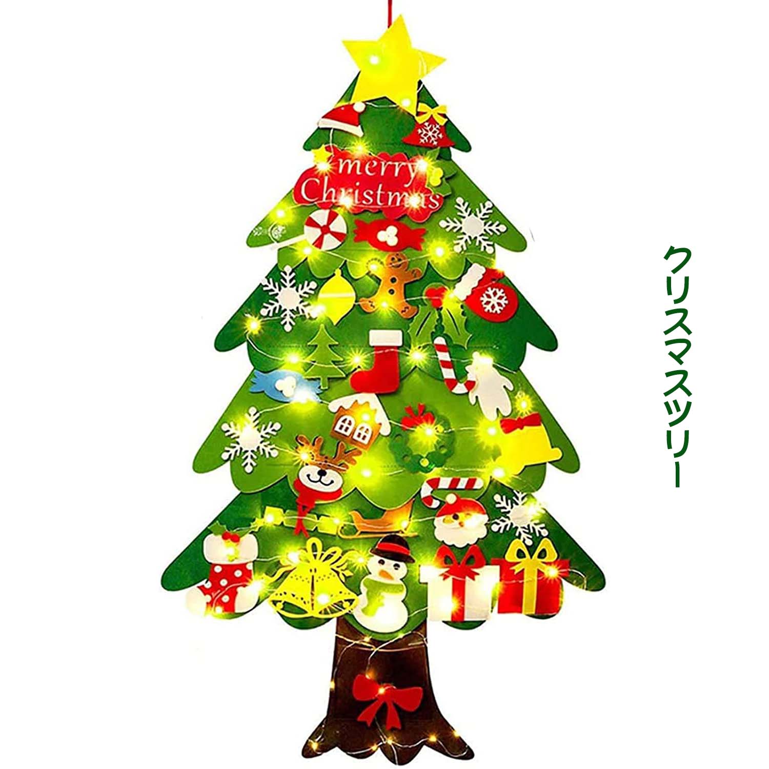 クリスマスツリー クリスマス 壁掛け 飾り フェルトクリスマスツリー 5mLEDライト付き DIY キッズクリスマスギフト 35点セット