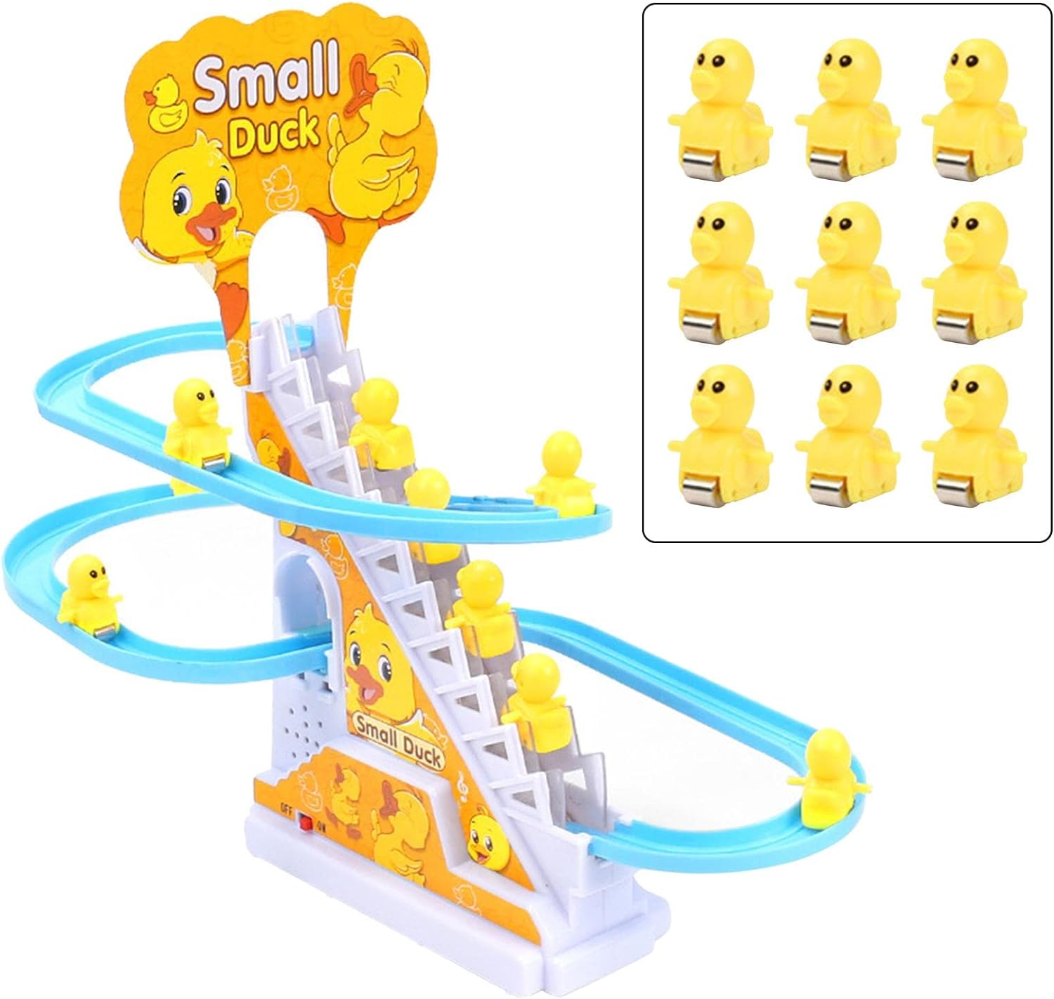 &#129414;【電気アヒル登山おもちゃ】この電気アヒルのはしごのおもちゃのセットには点滅するLEDライトが付属しており、組み立てが簡単ですかわいい小さな黄色いアヒルは、階段を上ったり、線路を滑ったりすることができますこれは子供たちにとっ...