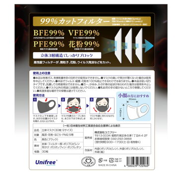 unifree 立体使い捨て不織布マスク カラー 30枚入 ブラック/カラーマスク・使い捨て・立体・大人用・不織布・99%カット・カケン・三層構造・ユニフリー