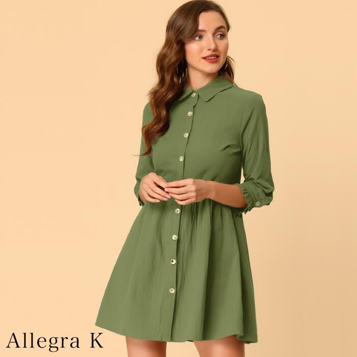 Allegra K シャツワンピース 七分袖 前開き 春 夏 ワンピース おしゃれ レディース 無地 大人可愛い ワンピース 通勤 カジュアル お出かけ エレガント シャツ ワンピース