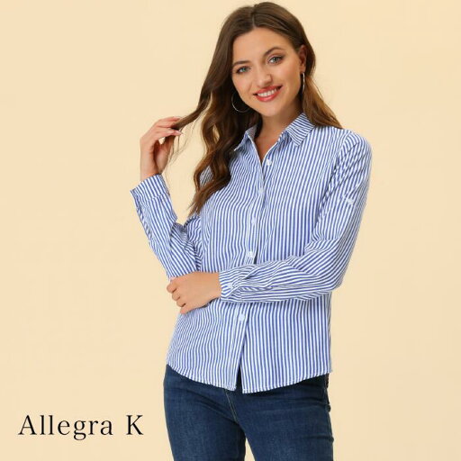 Allegra K シャツ ブラウス レディース トップス ストライプ 長袖 カジュアル シャツ 春 夏 秋 冬 女性 体型カバー シャツ 通勤 お出かけ Allegra K シャツ ブラウス レディース トップス ストライプ 長袖 カジュアル シャツ 春 夏 秋 冬 女性 体型カバー シャツ 通勤 お出かけ