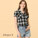 Allegra K チェック柄シャツ レディース tシャツ 半袖 トップス 夏 カジュアル オシャレ 女性 シャツ 通勤 お出かけ 半袖 シャツ チェック柄
