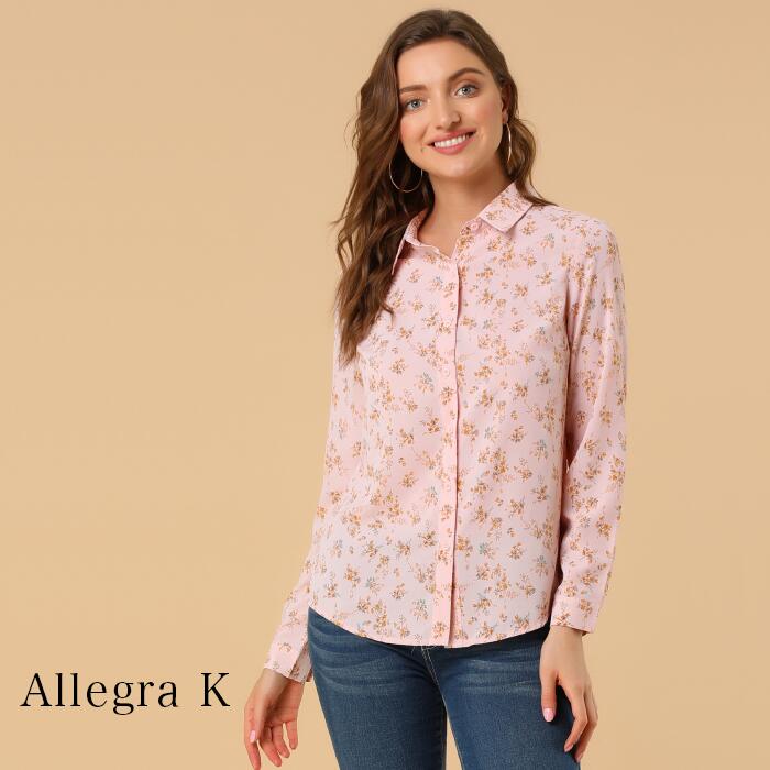 Allegra K 花柄シャツ ブラウス 長袖 おしゃれ レディース 可愛い シャツ 女性 トップス 通勤 オフィス カジュアル 総柄 シャツ ブラウス