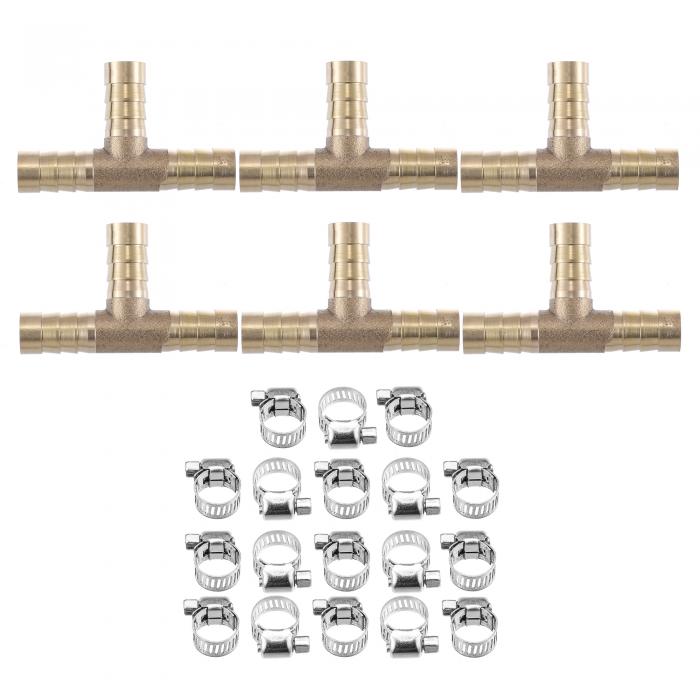 uxcell 真鍮ホース継手コネクタ T字型ホースバーブ T有刺鉄線管継手 クランプ付き 10mm 6セット