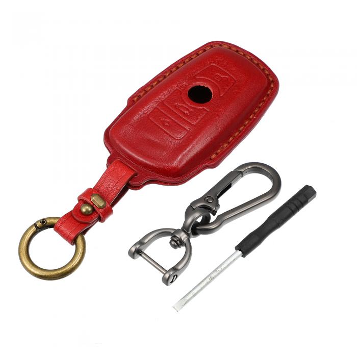 uxcell 車のリモートキーフォブケースカバー 4ボタン 全面保護 レッド 合成皮革 キーチェーン付き BM W..