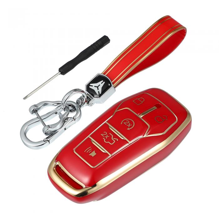 X AUTOHAUX 車のリモートキーフォブケースカバー キーチェーン付き 5つのボタン 全面保護 TPU Fordに対応 Fusionに対応 2013-2016に対応 Fordに対応 F150に対応 2015-2017に対応 レッド