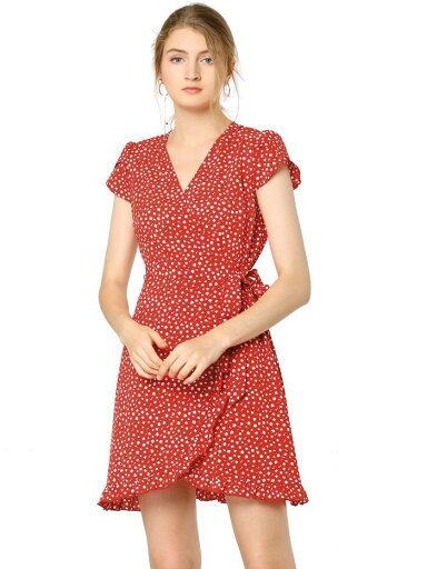 Allegra K シフォンワンピース 花柄 ドレス 裾フリル チューリップ袖 膝丈 レディース レッド XL Allegra K シフォンワンピース 花柄 ドレス 裾フリル チューリップ袖 膝丈 レディース レッド XL